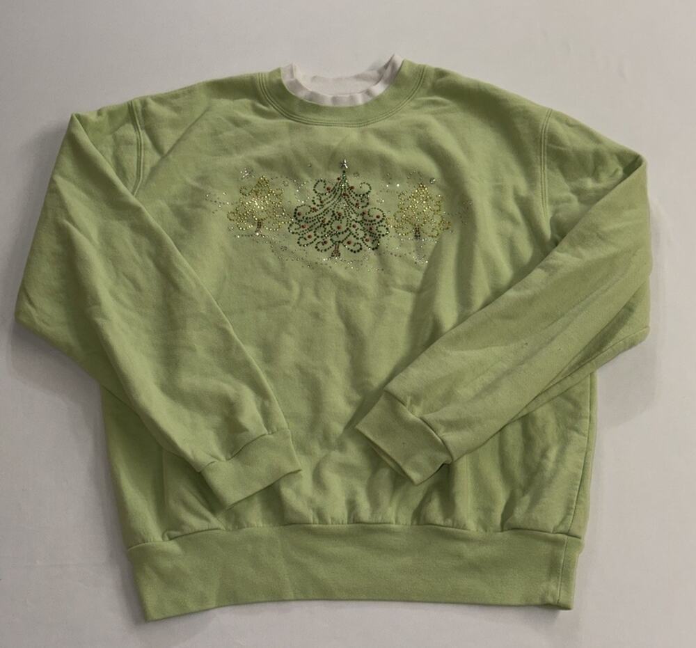 Decorated Originals Christmas Tree Rhinestone Sweatshirt Medium Sage Green